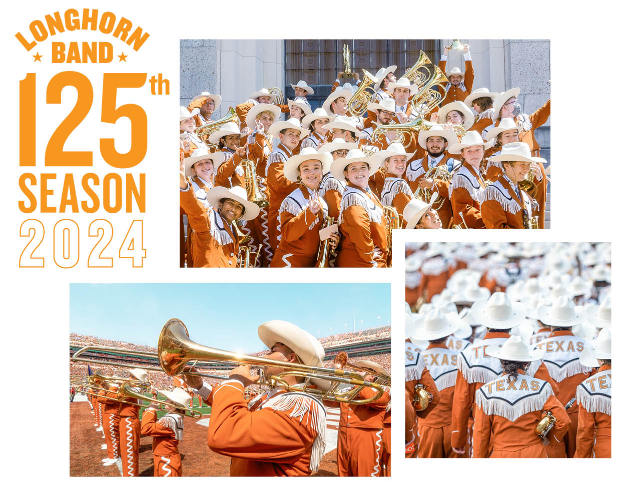A collage of photos celebrating the 125th Season of the Longhorn Band in 2024