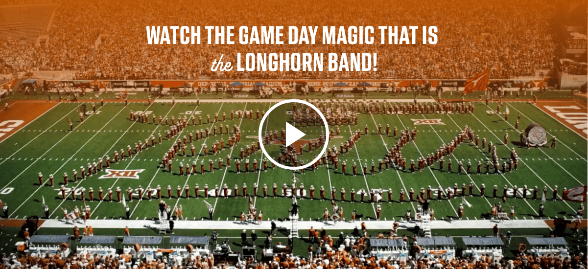 A photo of UT football field with band members forming the Texas, serving as link to a video