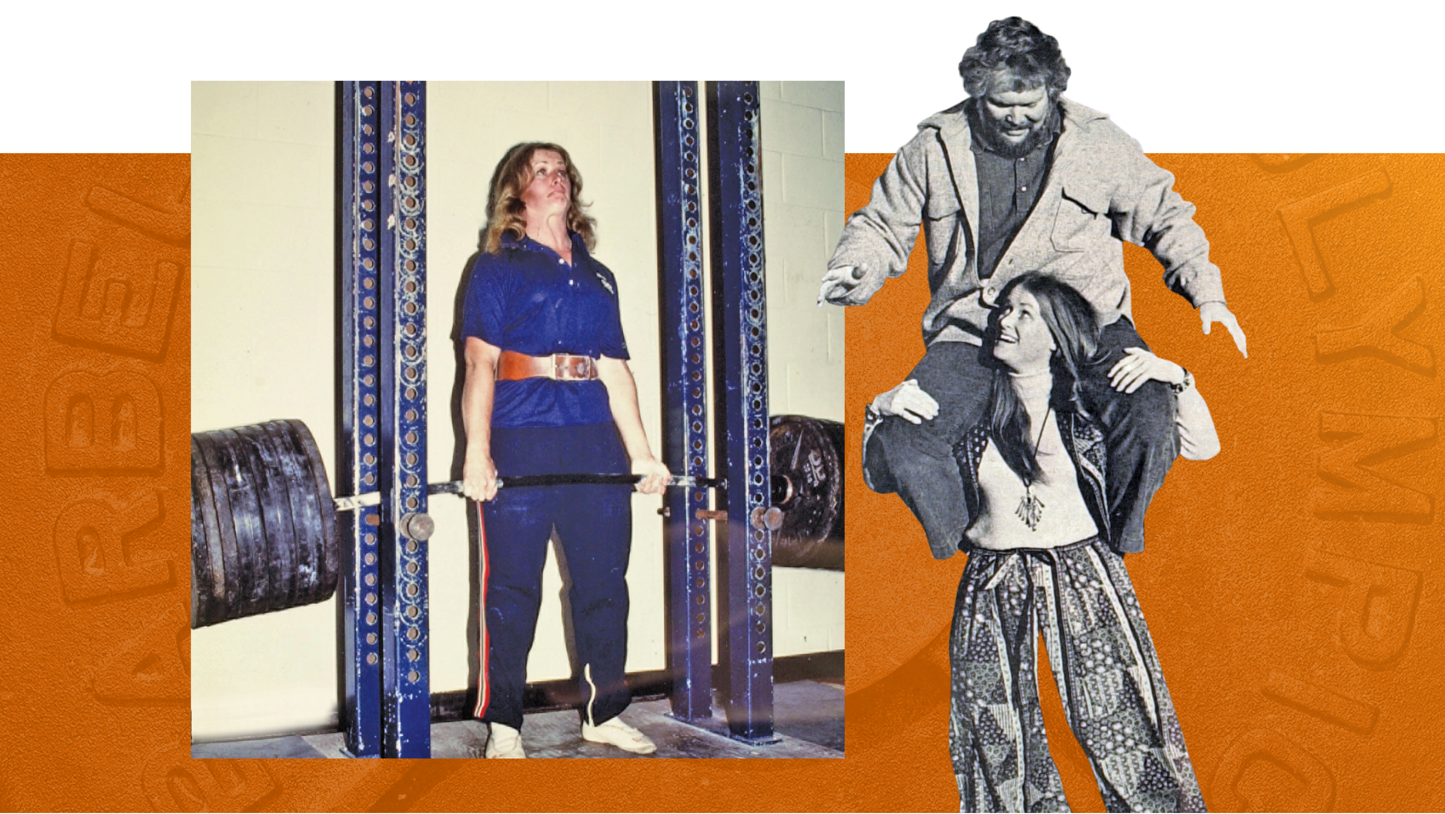 A color photo of Jan Todd powerlifting weights and another black and white photo of her with Terry on her shoulders