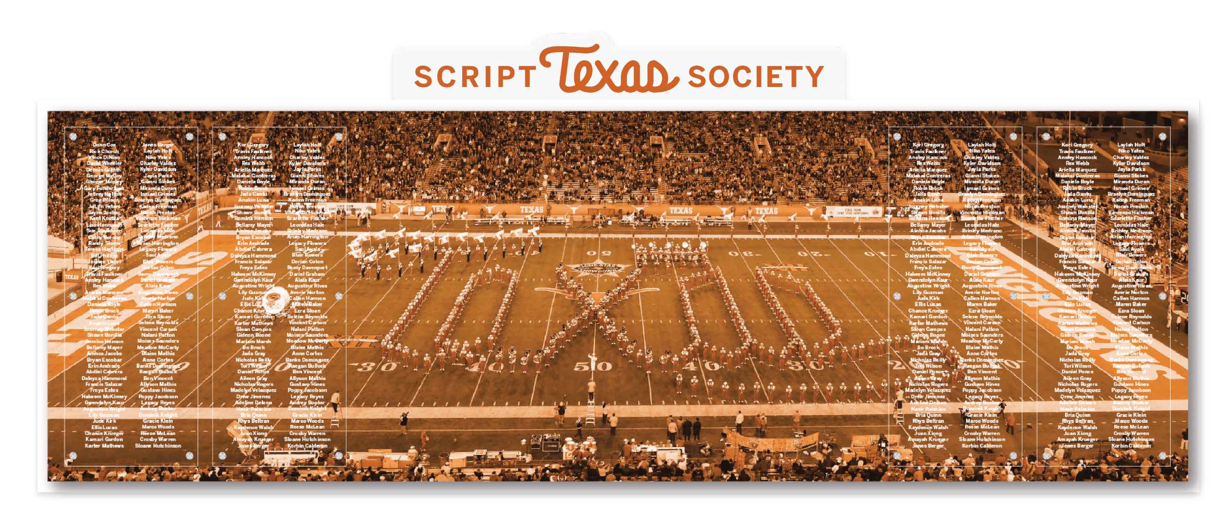 UT Band on the football field forming "Texas"