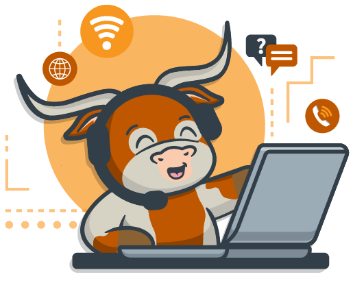 Illustration of Bevo with a headset working at a call center