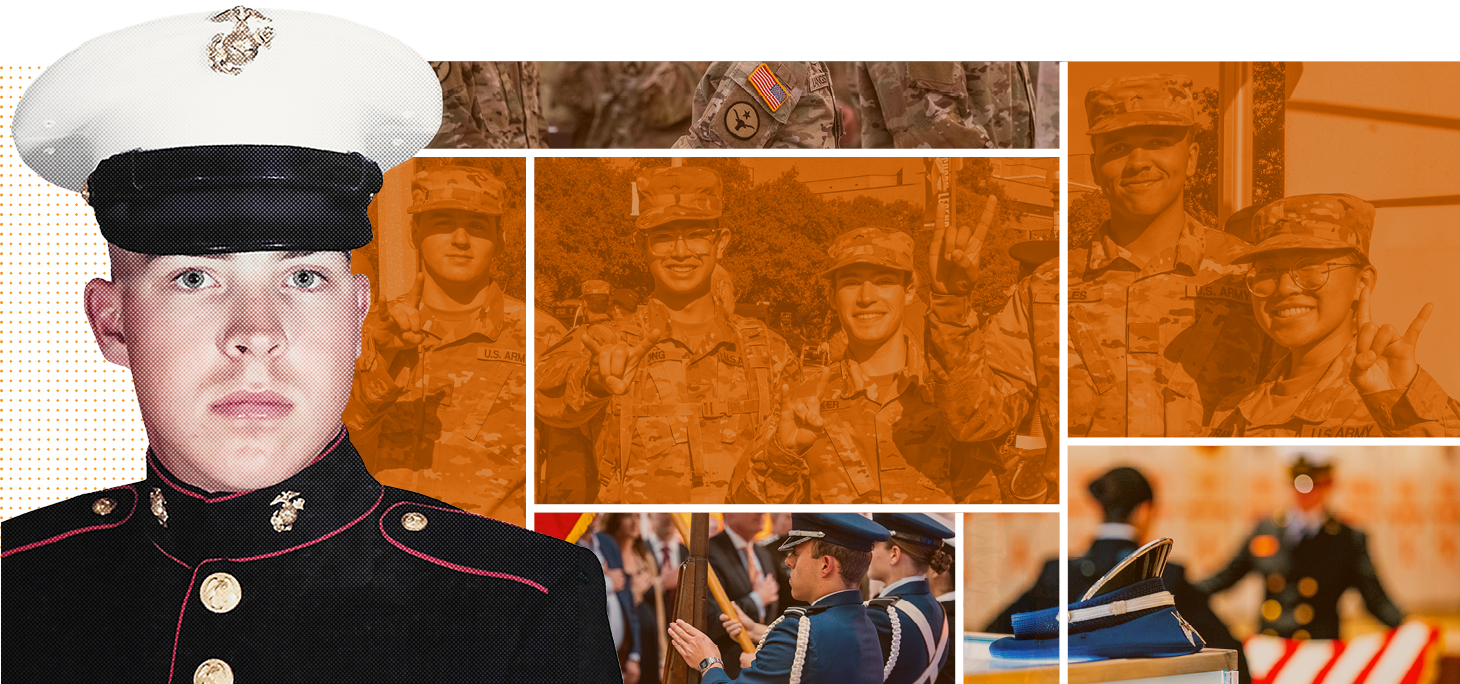 Andrew Huoni in Marine uniform with photos of his regiment and honoring and burial service in the background