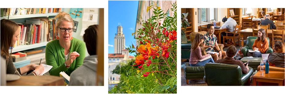 A collage with three photos the first with a faculty member ansd students, the second with the UT Tower, and the third with students in a library.