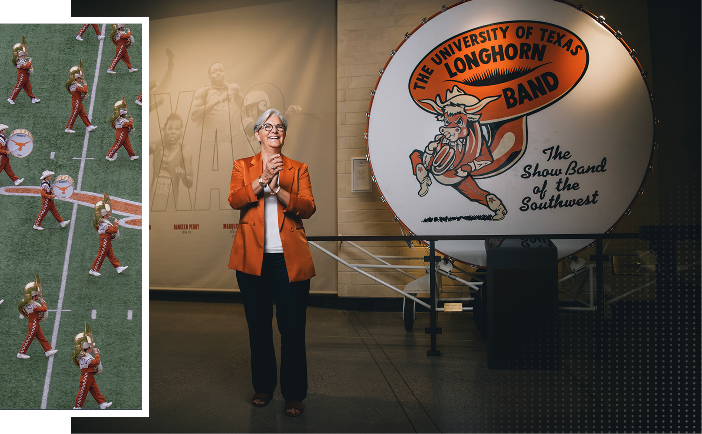 A color photo of Jan Todd powerlifting weights and another black and white photo of her with Terry on her shoulders