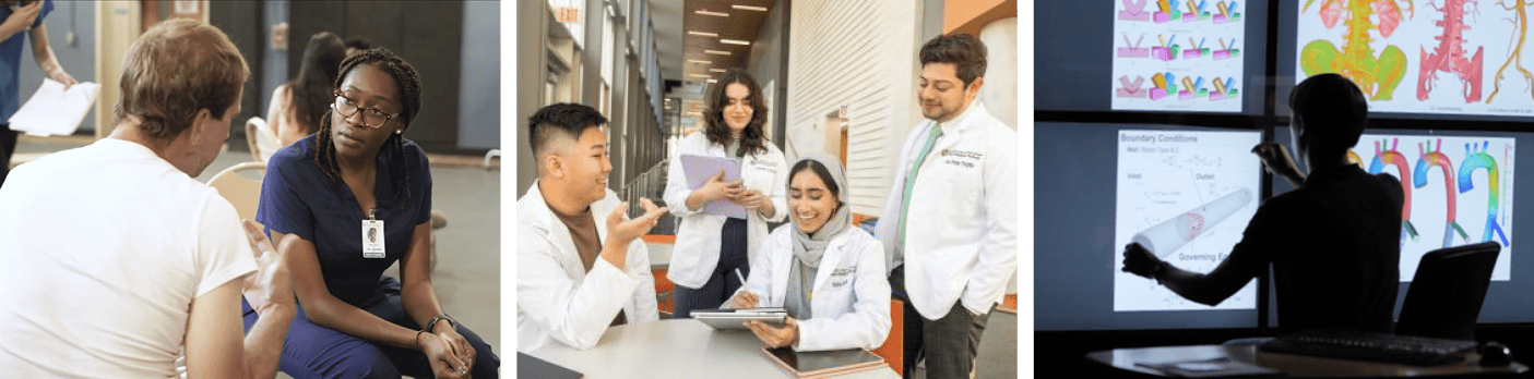 Two photos; medical scientists, medical professional looking at charts