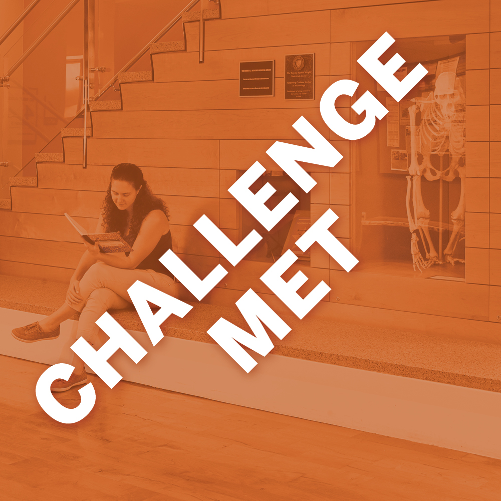 graphic of student sitting on a stage with text Challenge Met