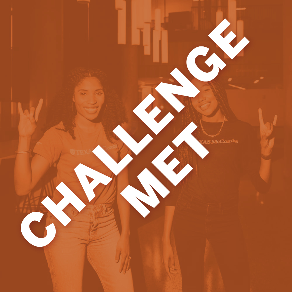 Image of McCombs students geturing Hook'em. The graphic has a burnt orange overlay with white text stating "Challenge Met."