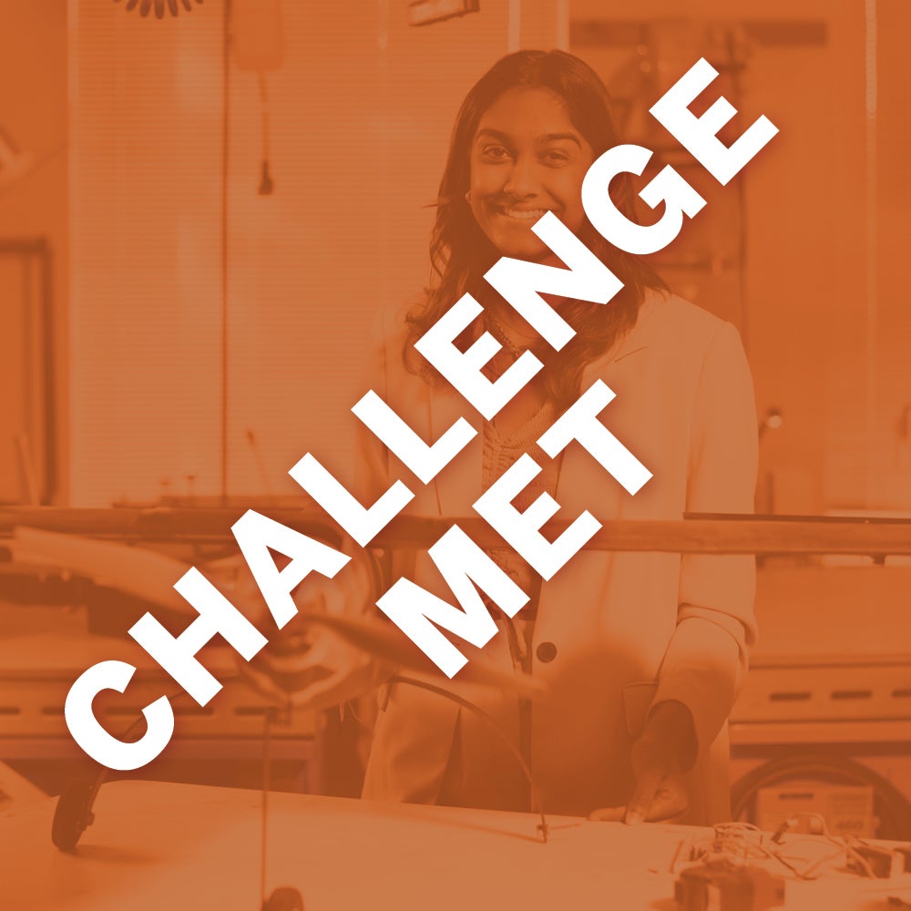 Thumbnail image of Cockrell Engineering student with overlaying text saying "Challenge Met."