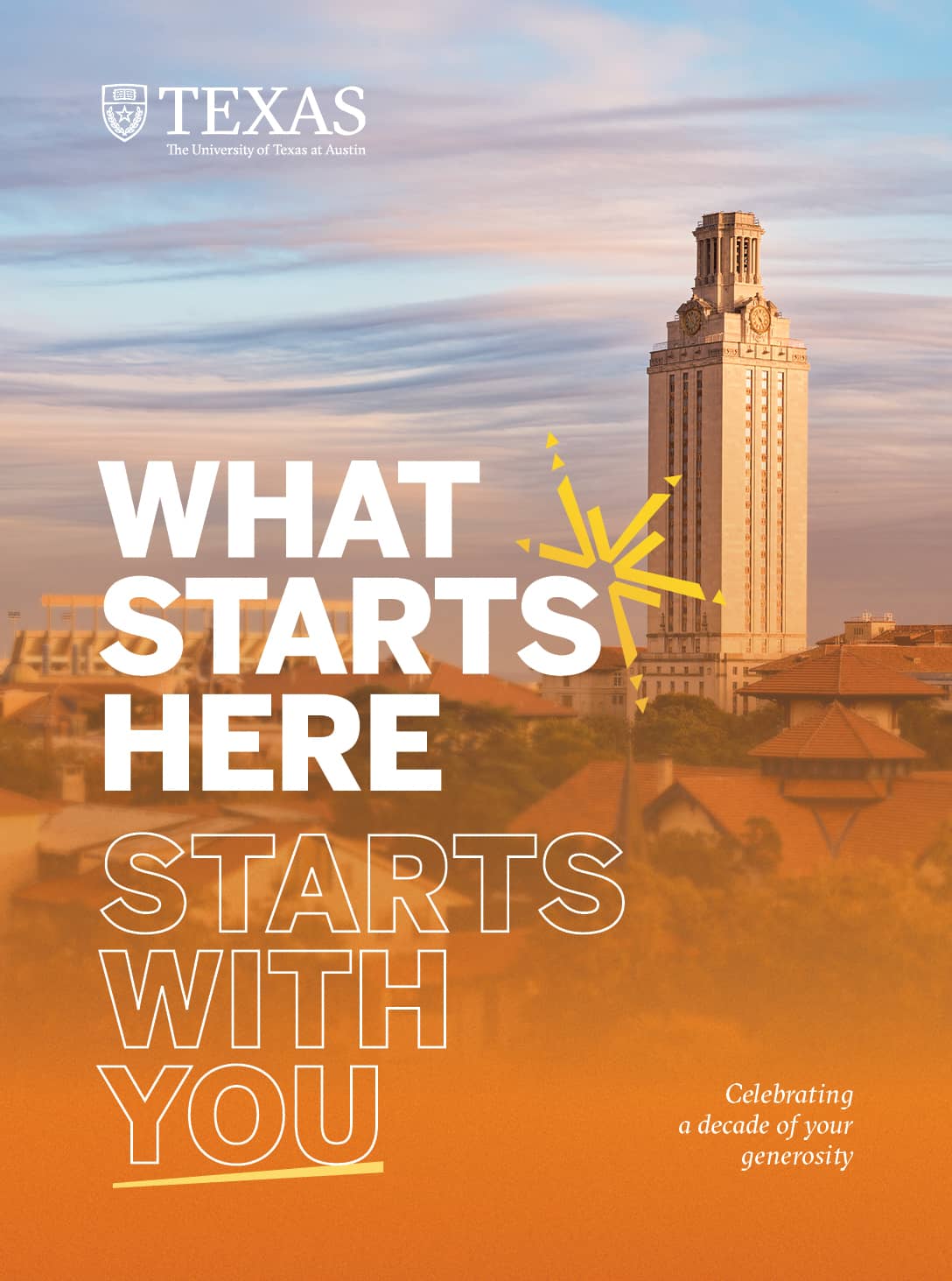 What Starts Here Starts With You Snapshot Cover, has UT Tower and skyline